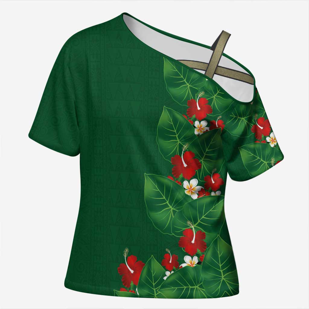 Hawaiian Taro Leaves-Hibiscus and Plumeria Cross Shoulder Shirt Polynesian Art-Kakau Tattoo Green LT03 Female Green - Polynesian Pride