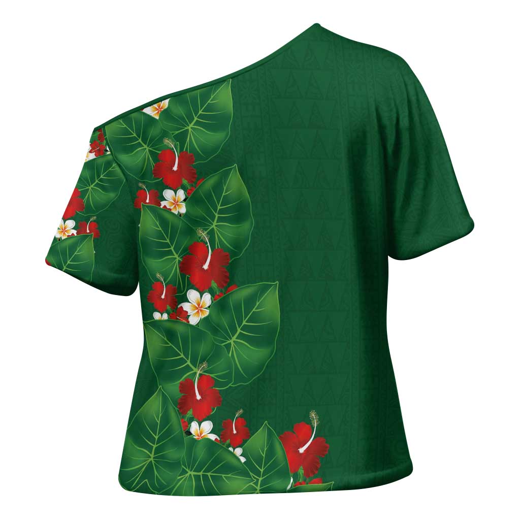 Hawaiian Taro Leaves-Hibiscus and Plumeria Cross Shoulder Shirt Polynesian Art-Kakau Tattoo Green LT03 - Polynesian Pride