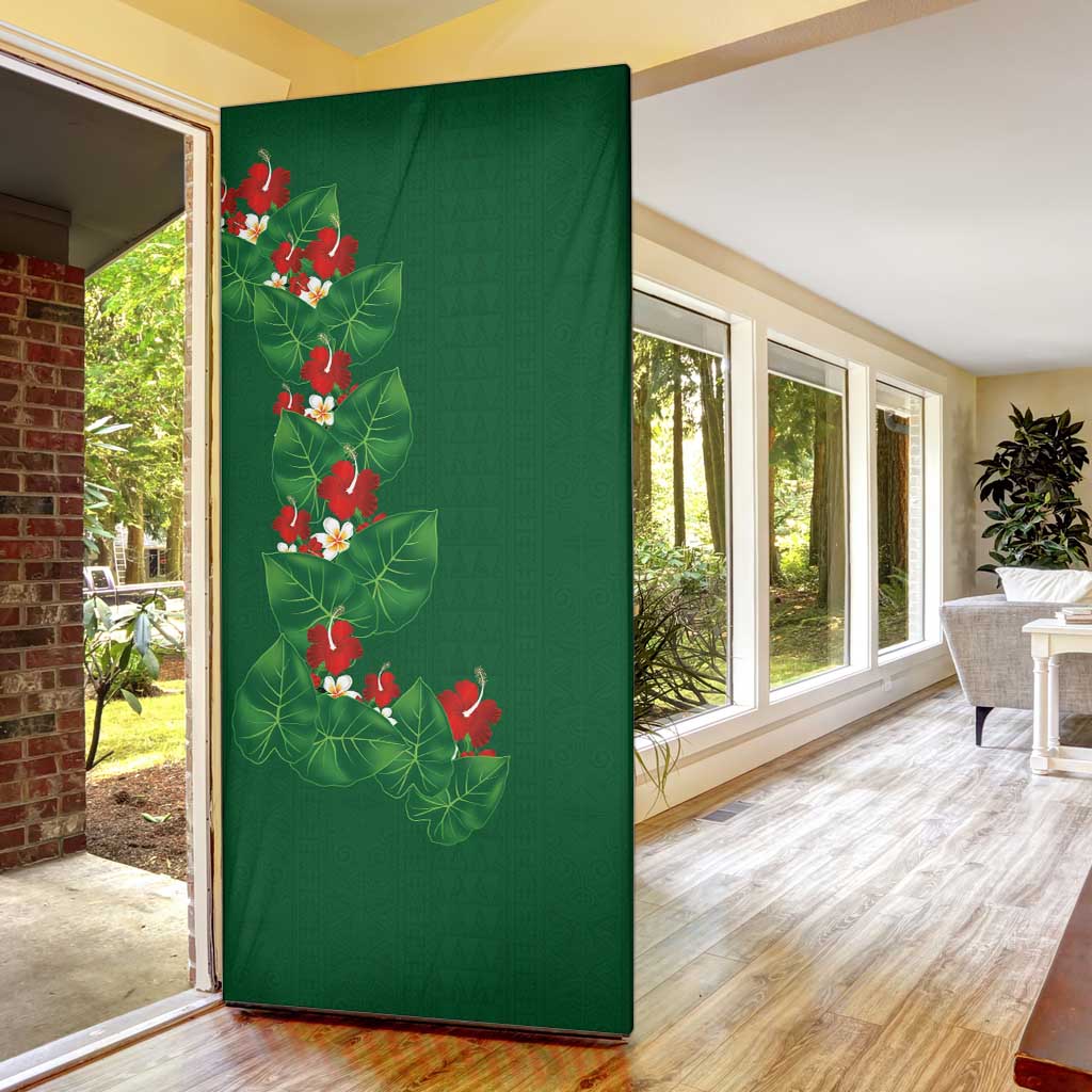 Hawaiian Taro Leaves-Hibiscus and Plumeria Door Cover Polynesian Art-Kakau Tattoo Green LT03 - Polynesian Pride