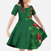 Hawaiian Taro Leaves-Hibiscus and Plumeria Family Matching Long Sleeve Bodycon Dress and Hawaiian Shirt Polynesian Art-Kakau Tattoo Green LT03 Daughter's Dress Green - Polynesian Pride