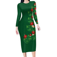 Hawaiian Taro Leaves-Hibiscus and Plumeria Family Matching Long Sleeve Bodycon Dress and Hawaiian Shirt Polynesian Art-Kakau Tattoo Green LT03 Mom's Dress Green - Polynesian Pride