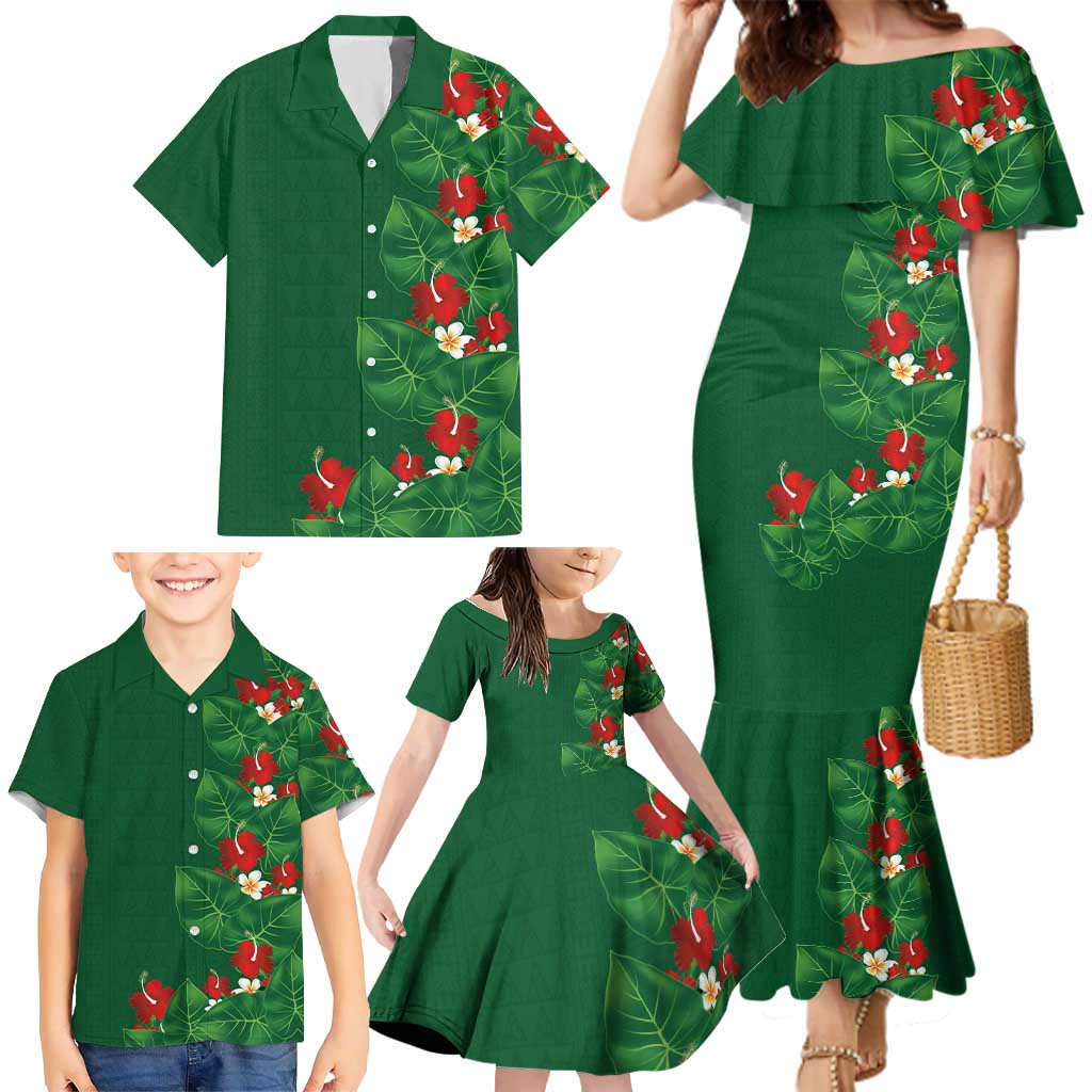 Hawaiian Taro Leaves-Hibiscus and Plumeria Family Matching Mermaid Dress and Hawaiian Shirt Polynesian Art-Kakau Tattoo Green LT03 - Polynesian Pride