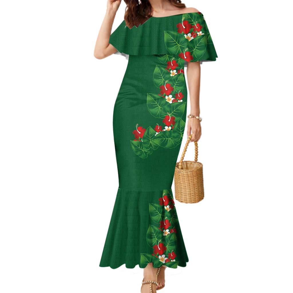 Hawaiian Taro Leaves-Hibiscus and Plumeria Family Matching Mermaid Dress and Hawaiian Shirt Polynesian Art-Kakau Tattoo Green LT03 Mom's Dress Green - Polynesian Pride