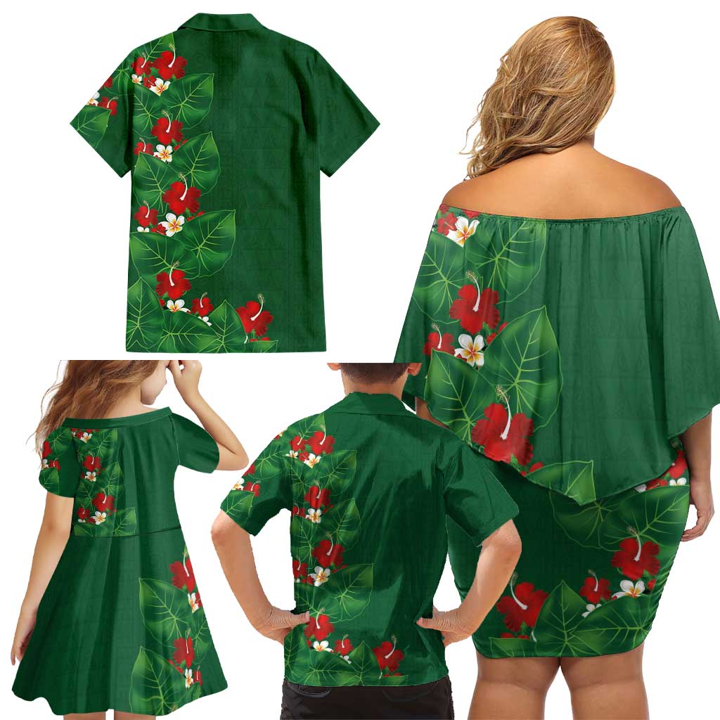 Hawaiian Taro Leaves-Hibiscus and Plumeria Family Matching Off Shoulder Short Dress and Hawaiian Shirt Polynesian Art-Kakau Tattoo Green LT03 - Polynesian Pride