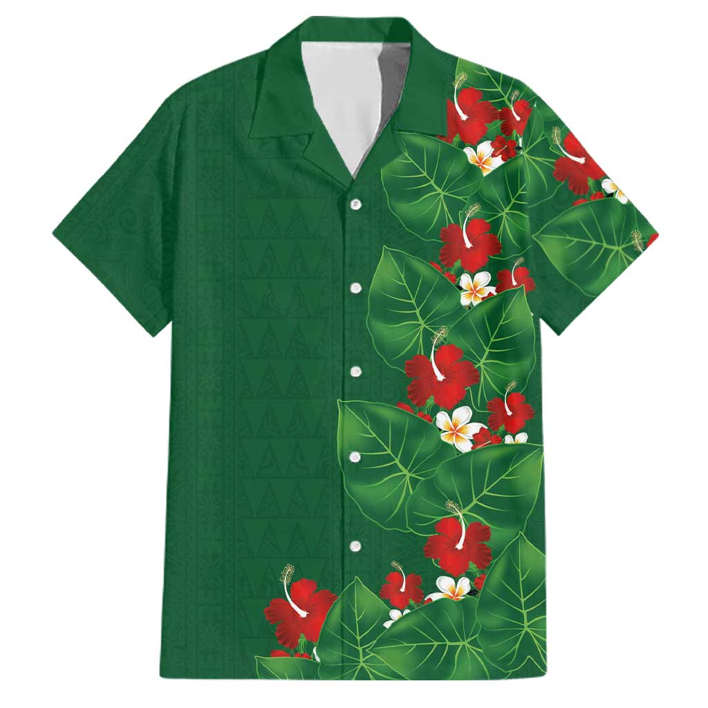 Hawaiian Taro Leaves-Hibiscus and Plumeria Family Matching Off Shoulder Short Dress and Hawaiian Shirt Polynesian Art-Kakau Tattoo Green LT03 Dad's Shirt - Short Sleeve Green - Polynesian Pride