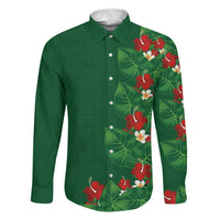 Hawaiian Taro Leaves-Hibiscus and Plumeria Family Matching Off Shoulder Short Dress and Hawaiian Shirt Polynesian Art-Kakau Tattoo Green LT03 Dad's Shirt - Long Sleeve Green - Polynesian Pride