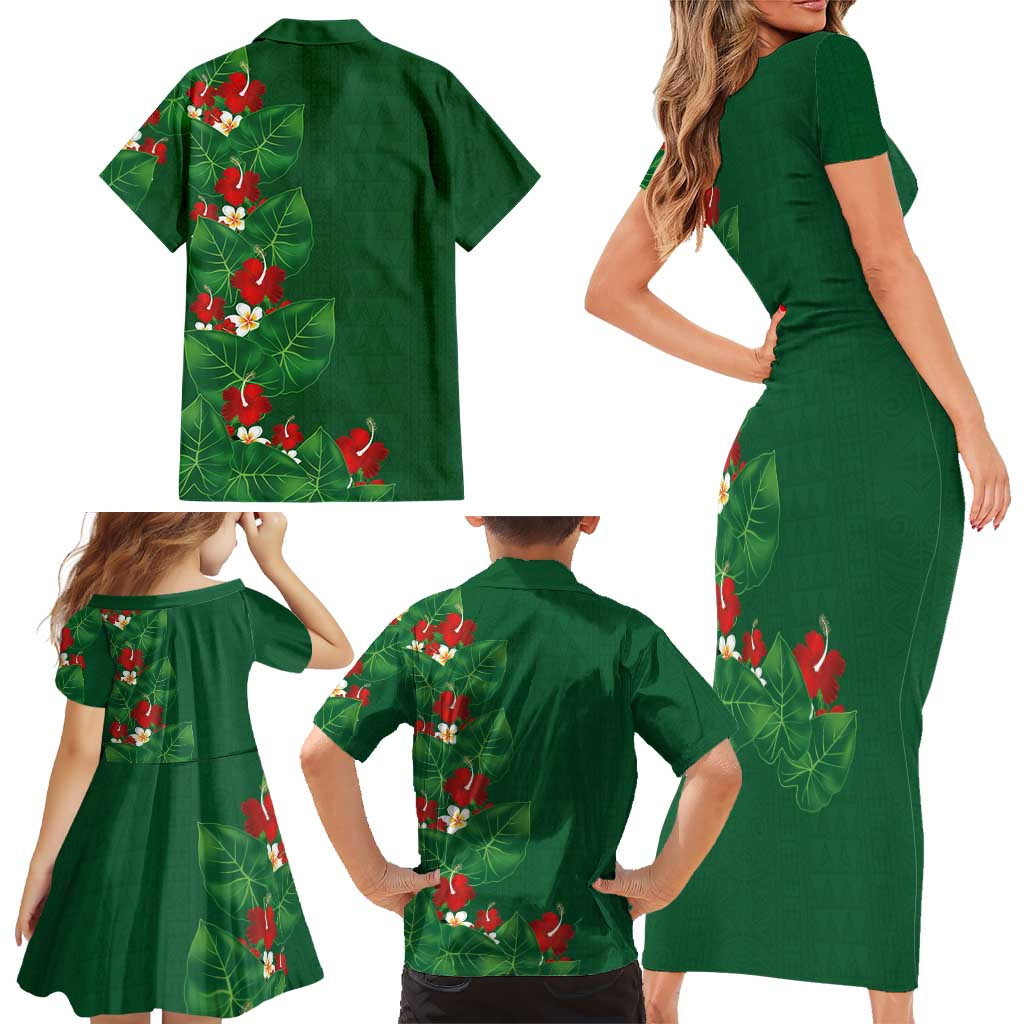 Hawaiian Taro Leaves-Hibiscus and Plumeria Family Matching Short Sleeve Bodycon Dress and Hawaiian Shirt Polynesian Art-Kakau Tattoo Green LT03 - Polynesian Pride