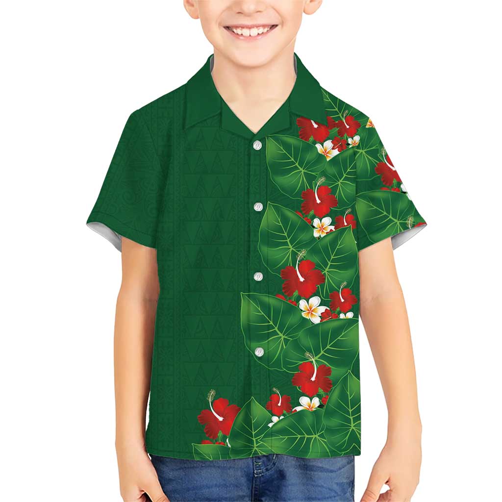 Hawaiian Taro Leaves-Hibiscus and Plumeria Family Matching Short Sleeve Bodycon Dress and Hawaiian Shirt Polynesian Art-Kakau Tattoo Green LT03 Son's Shirt Green - Polynesian Pride