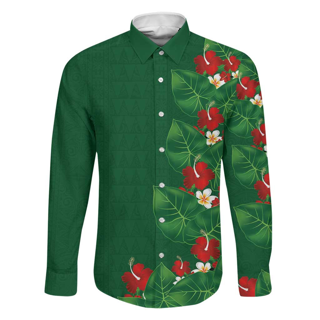 Hawaiian Taro Leaves-Hibiscus and Plumeria Family Matching Summer Maxi Dress and Hawaiian Shirt Polynesian Art-Kakau Tattoo Green LT03 Dad's Shirt - Long Sleeve Green - Polynesian Pride