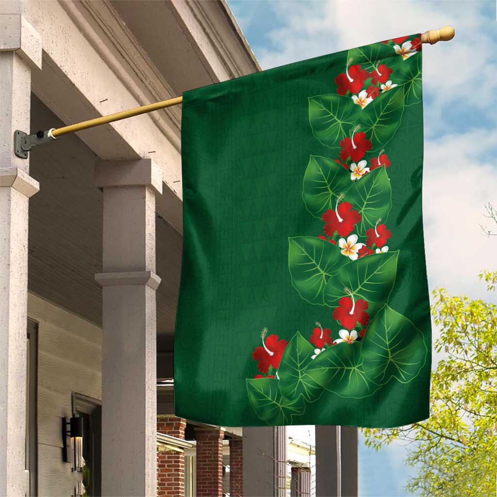Hawaiian Taro Leaves-Hibiscus and Plumeria Garden Flag Polynesian Art-Kakau Tattoo Green