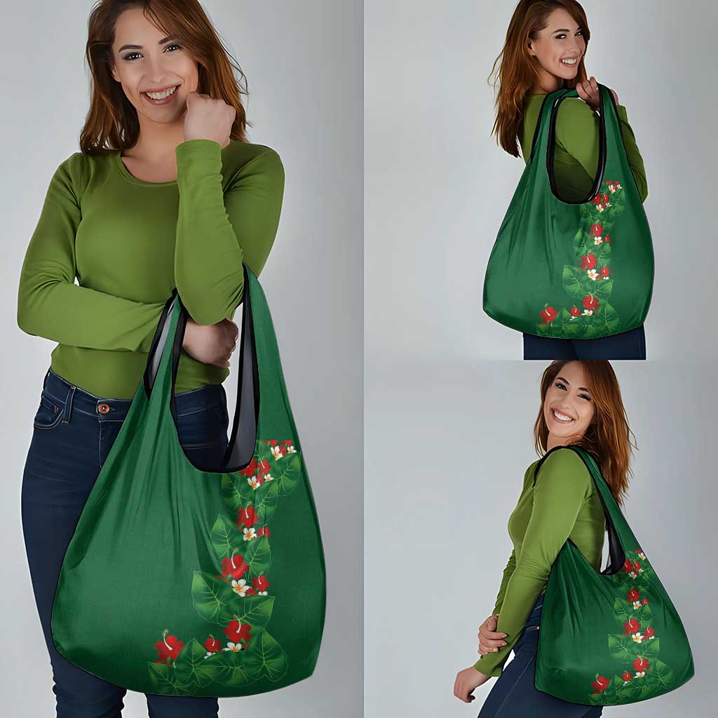 Hawaiian Taro Leaves-Hibiscus and Plumeria Grocery Bag Polynesian Art-Kakau Tattoo Green