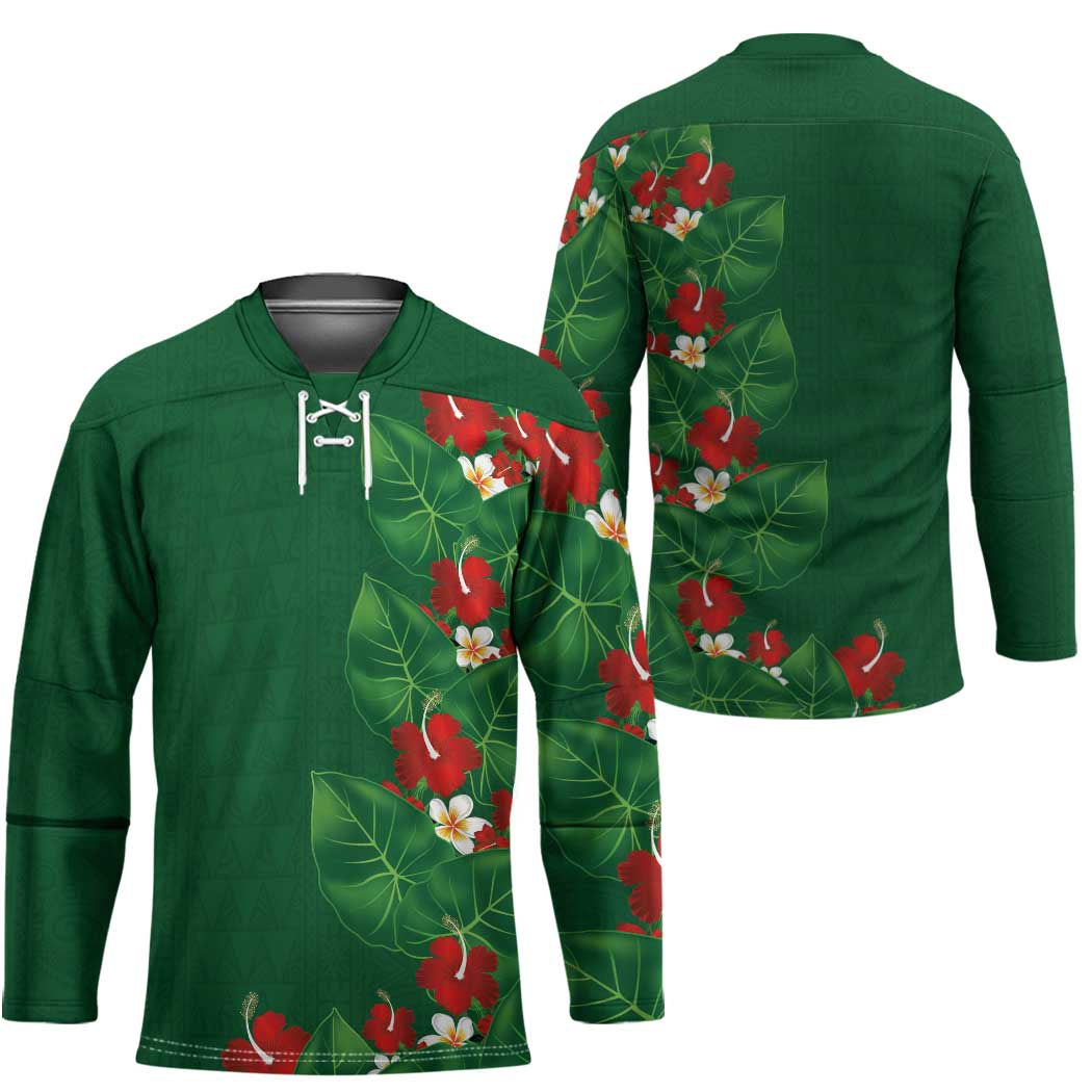 Hawaiian Taro Leaves-Hibiscus and Plumeria Hockey Jersey Polynesian Art-Kakau Tattoo Green LT03 - Polynesian Pride