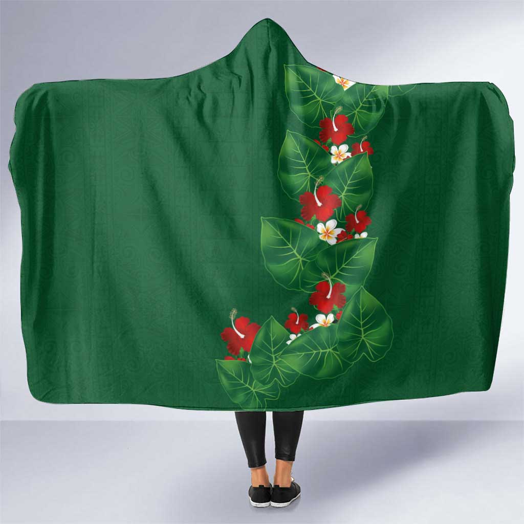 Hawaiian Taro Leaves-Hibiscus and Plumeria Hooded Blanket Polynesian Art-Kakau Tattoo Green