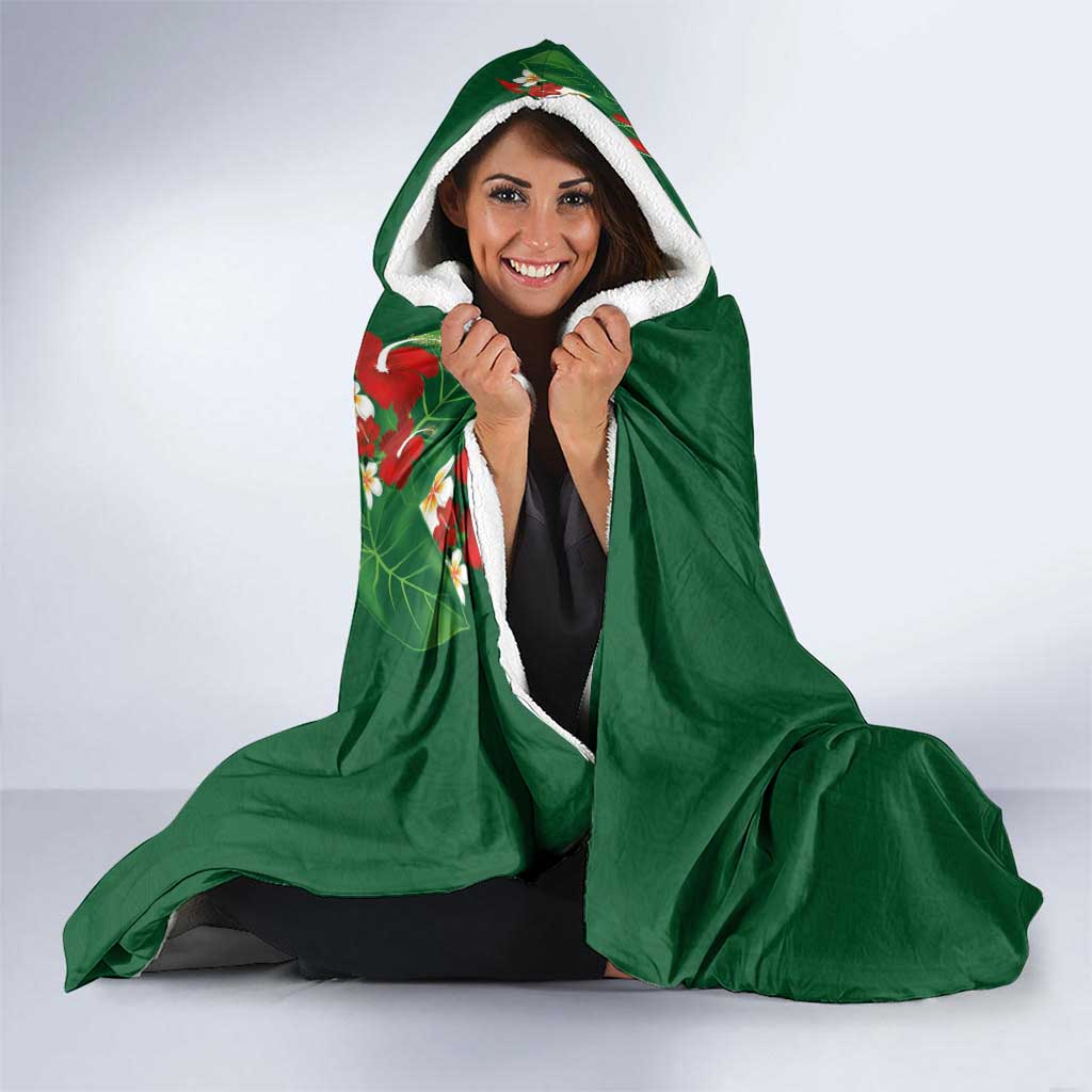 Hawaiian Taro Leaves-Hibiscus and Plumeria Hooded Blanket Polynesian Art-Kakau Tattoo Green LT03 - Polynesian Pride