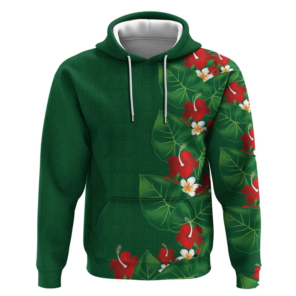 Hawaiian Taro Leaves-Hibiscus and Plumeria Hoodie Polynesian Art-Kakau Tattoo Green LT03 Pullover Hoodie Green - Polynesian Pride