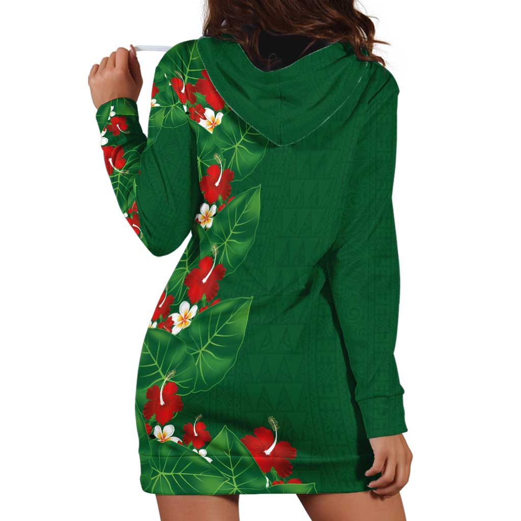 Hawaiian Taro Leaves-Hibiscus and Plumeria Hoodie Dress Polynesian Art-Kakau Tattoo Green LT03 - Polynesian Pride