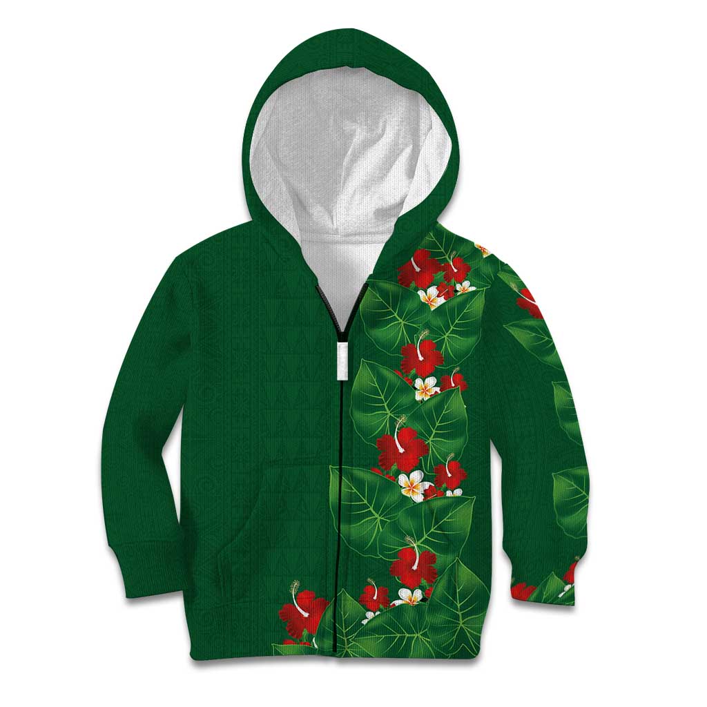 Hawaiian Taro Leaves-Hibiscus and Plumeria Kid Hoodie Polynesian Art-Kakau Tattoo Green LT03 Zip Hoodie Green - Polynesian Pride