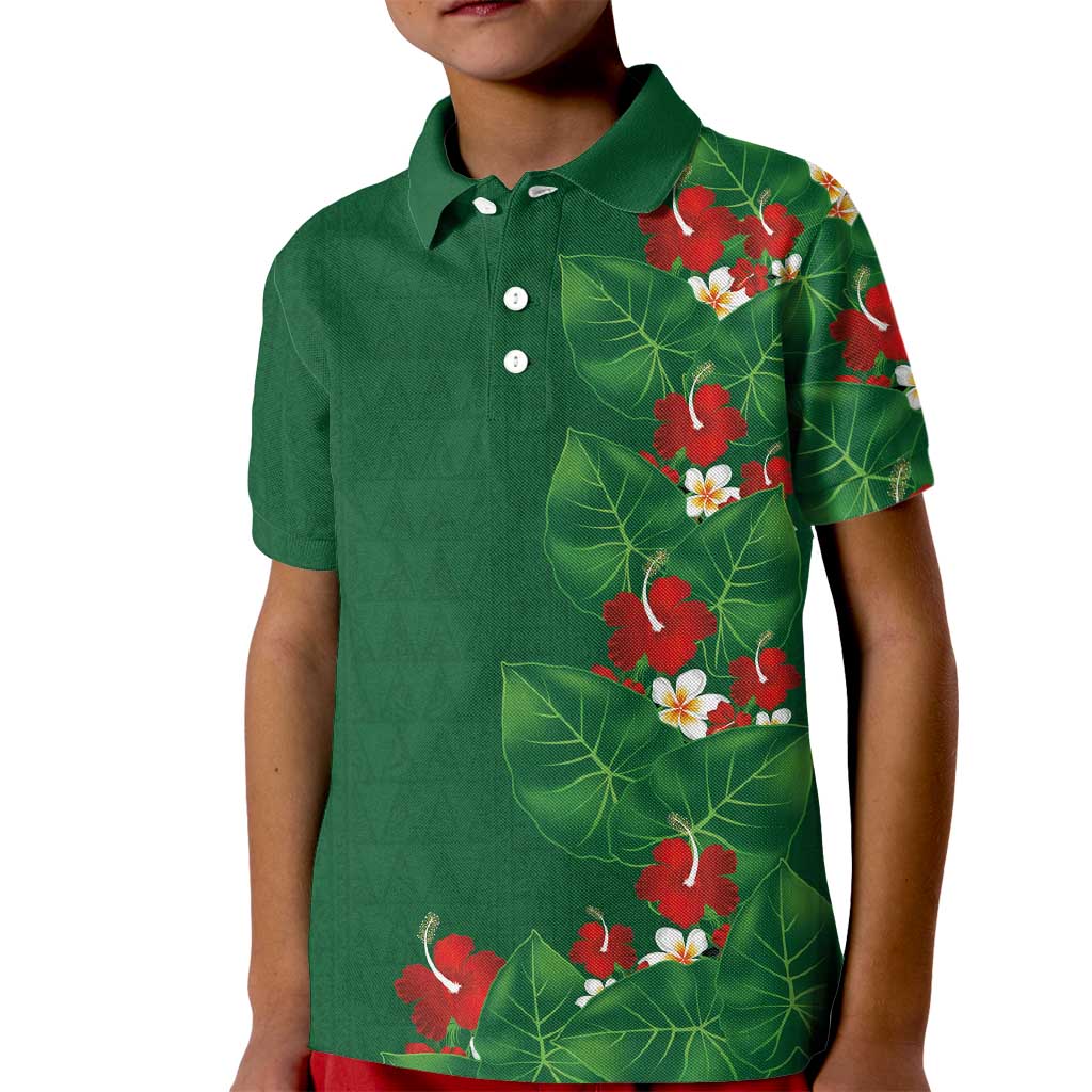 Hawaiian Taro Leaves-Hibiscus and Plumeria Kid Polo Shirt Polynesian Art-Kakau Tattoo Green LT03 Kid Green - Polynesian Pride