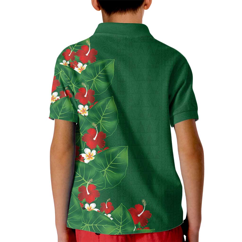 Hawaiian Taro Leaves-Hibiscus and Plumeria Kid Polo Shirt Polynesian Art-Kakau Tattoo Green LT03 - Polynesian Pride