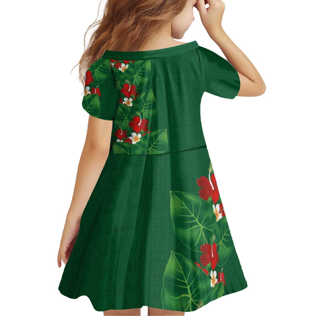 Hawaiian Taro Leaves-Hibiscus and Plumeria Kid Short Sleeve Dress Polynesian Art-Kakau Tattoo Green LT03 - Polynesian Pride