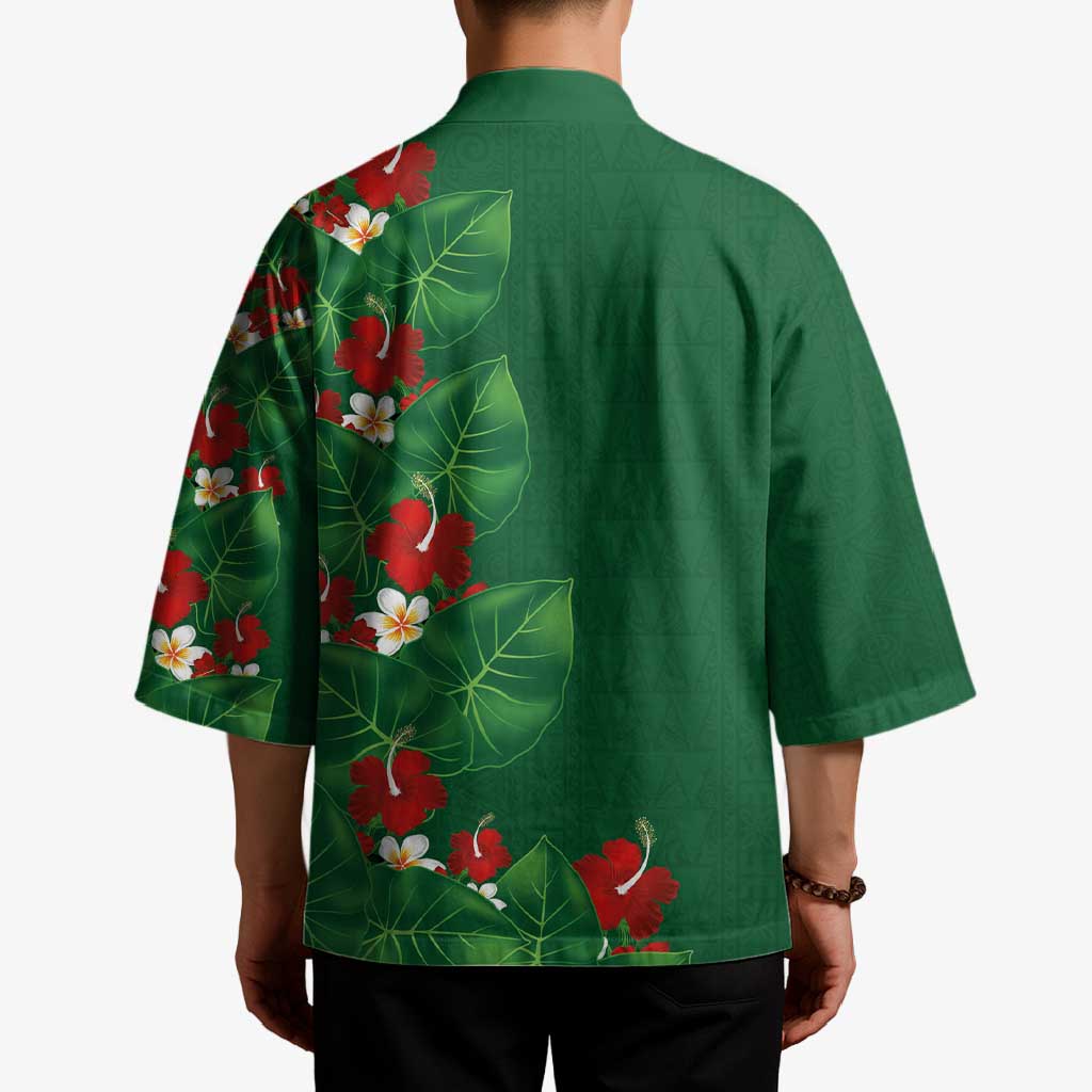 Hawaiian Taro Leaves-Hibiscus and Plumeria Kimono Polynesian Art-Kakau Tattoo Green