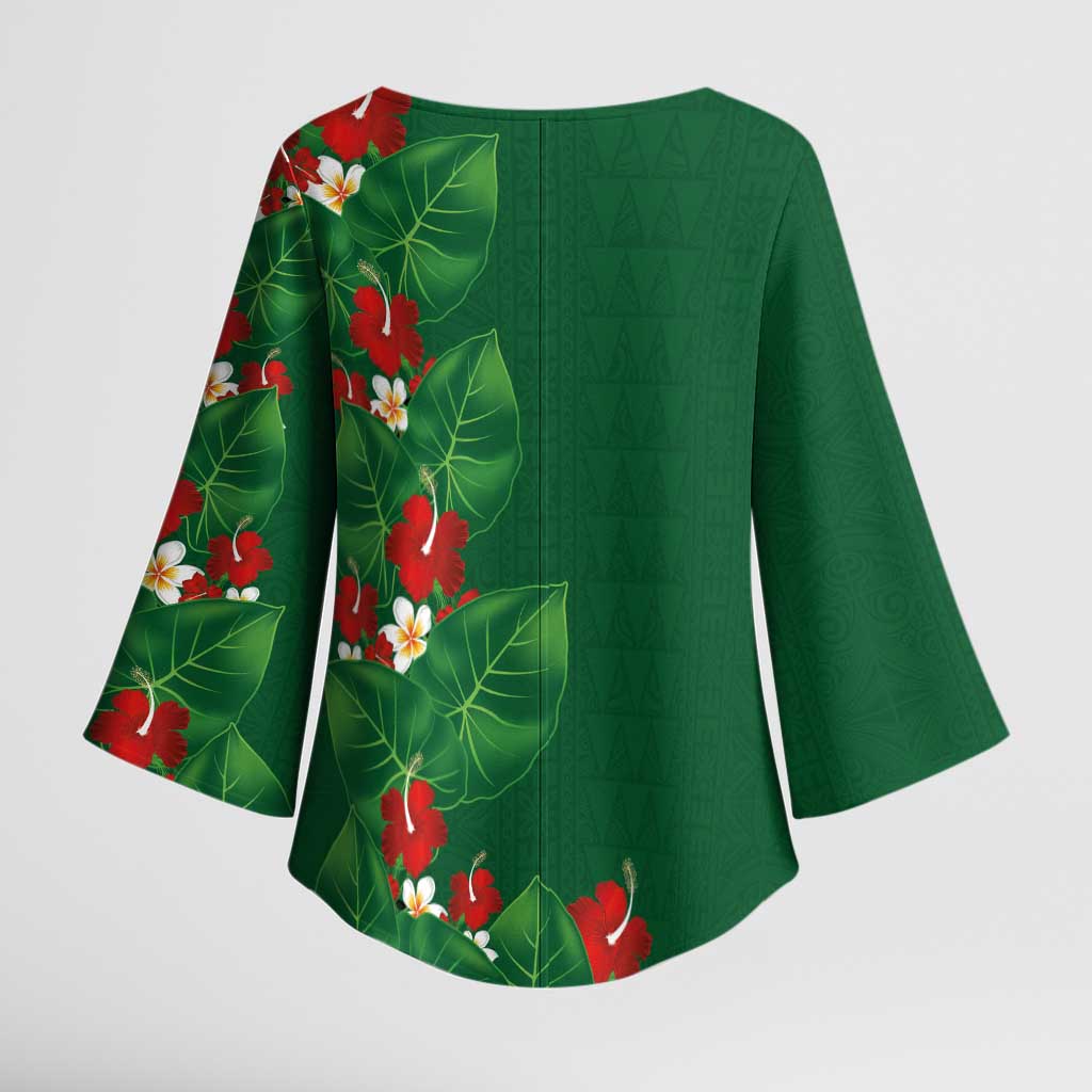 Hawaiian Taro Leaves-Hibiscus and Plumeria Kimono Sleeve Blouse Polynesian Art-Kakau Tattoo Green LT03 - Polynesian Pride