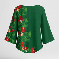 Hawaiian Taro Leaves-Hibiscus and Plumeria Kimono Sleeve Blouse Polynesian Art-Kakau Tattoo Green LT03 - Polynesian Pride