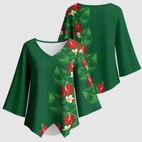 Hawaiian Taro Leaves-Hibiscus and Plumeria Kimono Sleeve Blouse Polynesian Art-Kakau Tattoo Green LT03 - Polynesian Pride