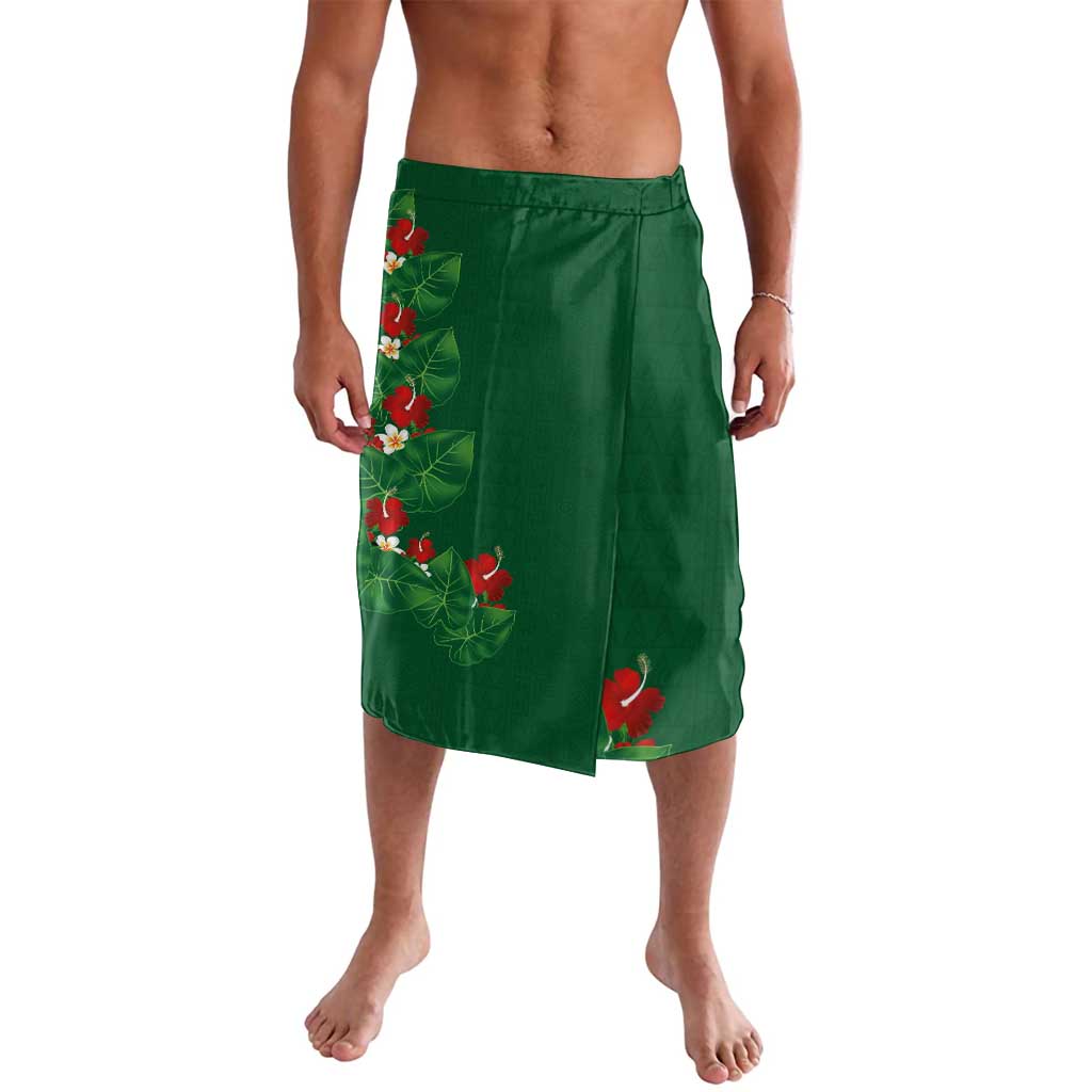 Hawaiian Taro Leaves-Hibiscus and Plumeria Lavalava Polynesian Art-Kakau Tattoo Green