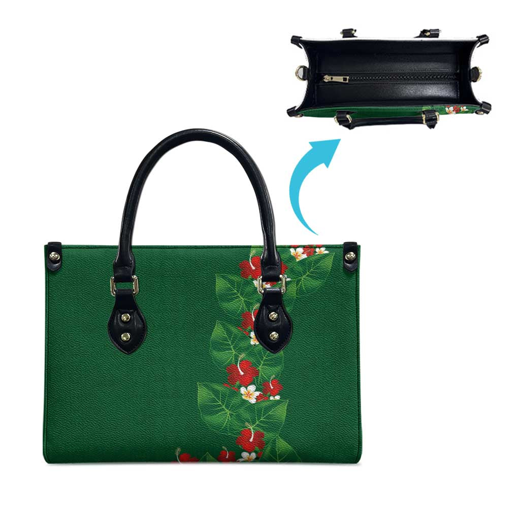 Hawaiian Taro Leaves-Hibiscus and Plumeria Leather Bag Polynesian Art-Kakau Tattoo Green