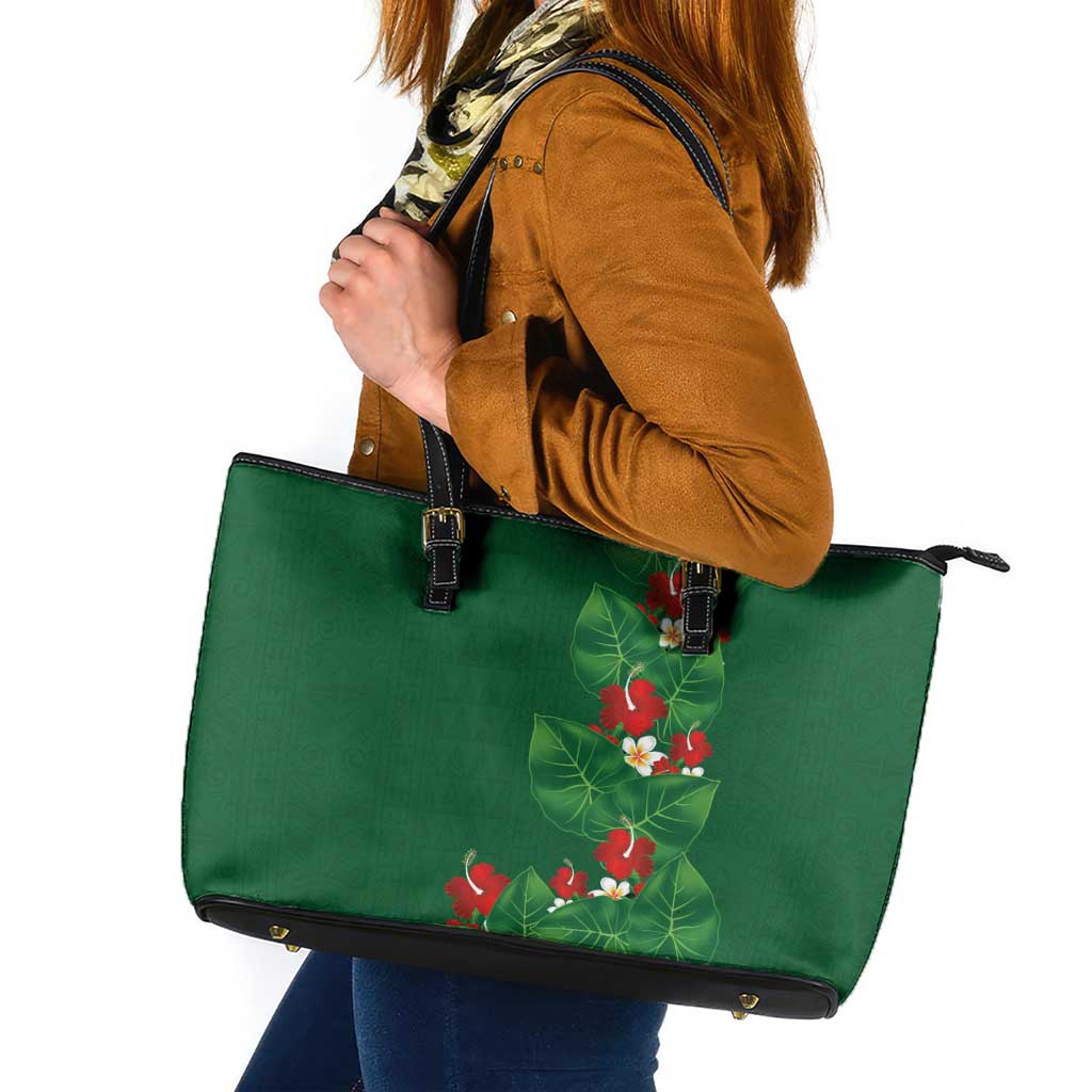 Hawaiian Taro Leaves-Hibiscus and Plumeria Leather Tote Bag Polynesian Art-Kakau Tattoo Green LT03 Green - Polynesian Pride