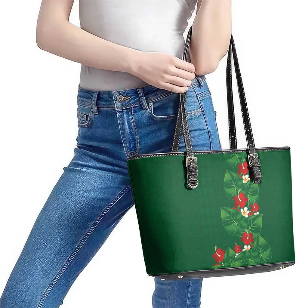 Hawaiian Taro Leaves-Hibiscus and Plumeria Leather Tote Bag Polynesian Art-Kakau Tattoo Green LT03 - Polynesian Pride