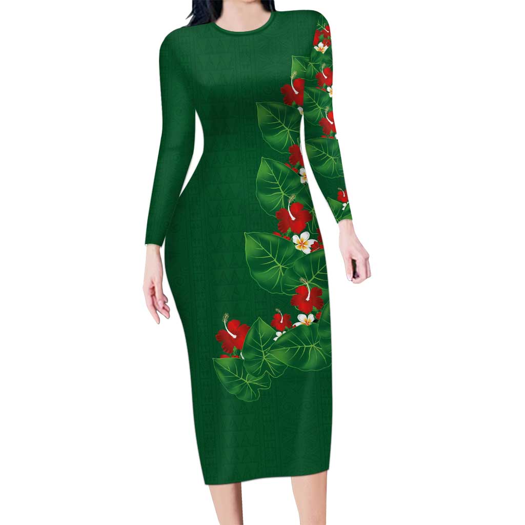 Hawaiian Taro Leaves-Hibiscus and Plumeria Long Sleeve Bodycon Dress Polynesian Art-Kakau Tattoo Green LT03 Long Dress Green - Polynesian Pride