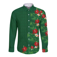 Hawaiian Taro Leaves-Hibiscus and Plumeria Long Sleeve Button Shirt Polynesian Art-Kakau Tattoo Green