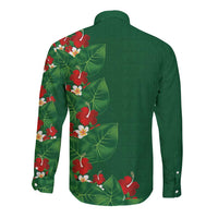 Hawaiian Taro Leaves-Hibiscus and Plumeria Long Sleeve Button Shirt Polynesian Art-Kakau Tattoo Green