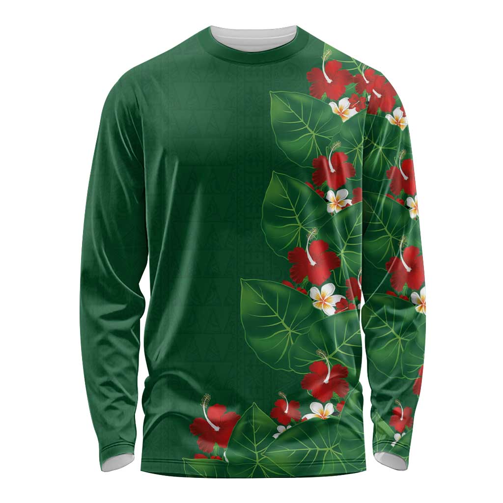 Hawaiian Taro Leaves-Hibiscus and Plumeria Long Sleeve Shirt Polynesian Art-Kakau Tattoo Green