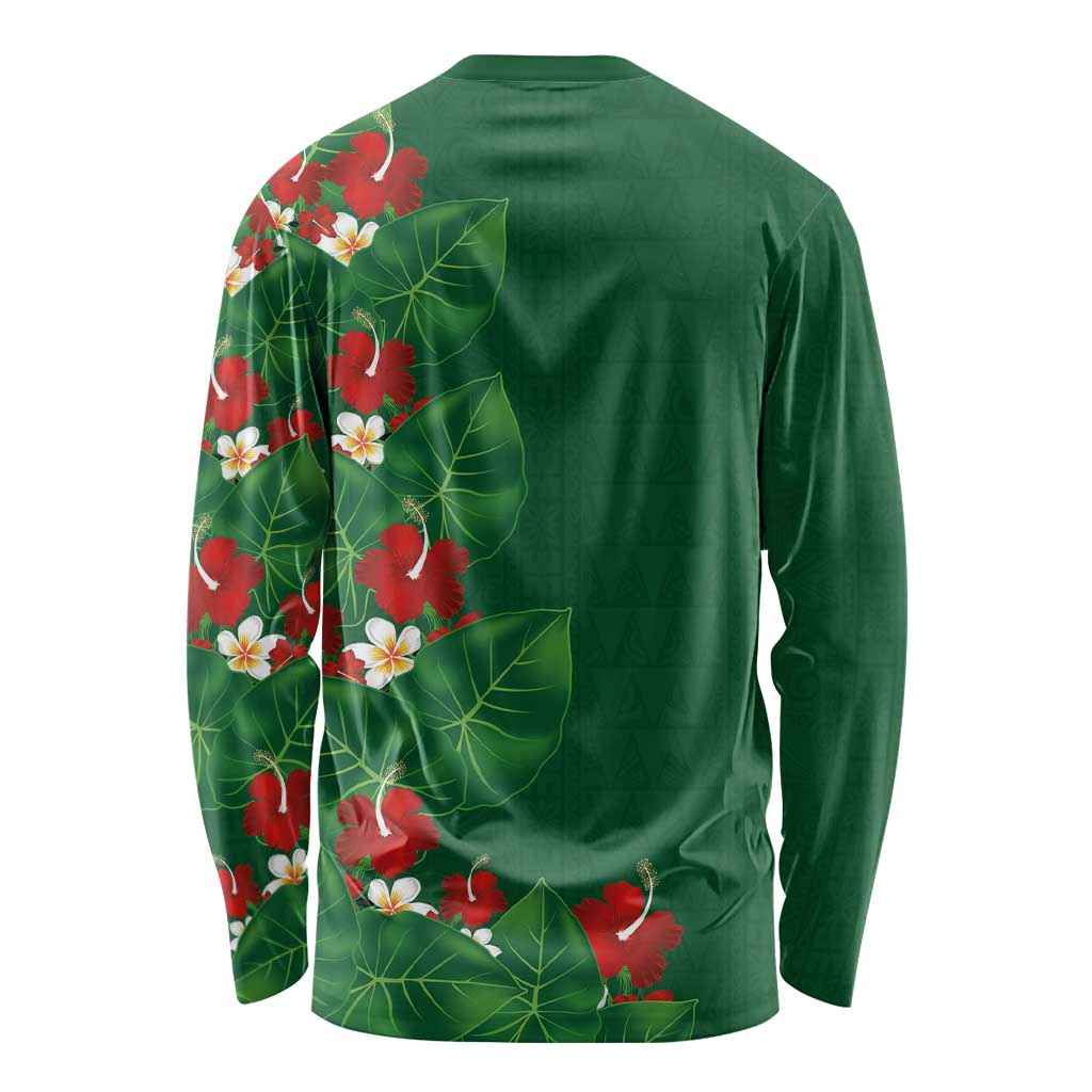 Hawaiian Taro Leaves-Hibiscus and Plumeria Long Sleeve Shirt Polynesian Art-Kakau Tattoo Green LT03 - Polynesian Pride