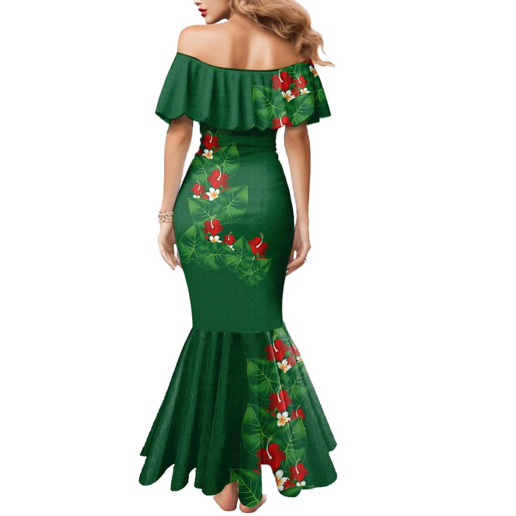 Hawaiian Taro Leaves-Hibiscus and Plumeria Mermaid Dress Polynesian Art-Kakau Tattoo Green LT03 - Polynesian Pride