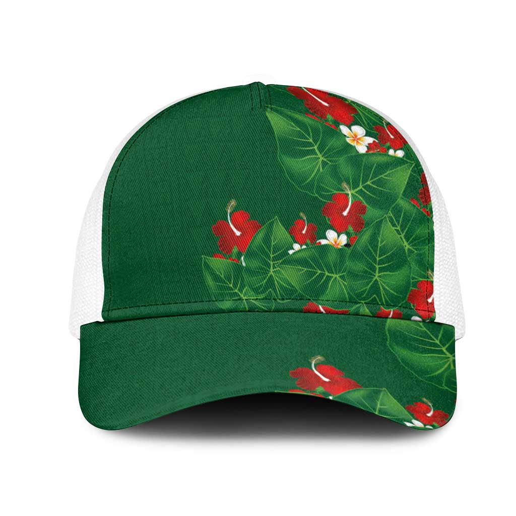 Hawaiian Taro Leaves-Hibiscus and Plumeria Mesh Trucker Cap Polynesian Art-Kakau Tattoo Green