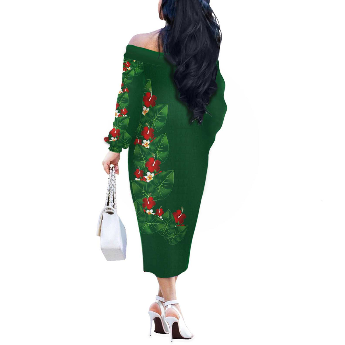 Hawaiian Taro Leaves-Hibiscus and Plumeria Off The Shoulder Long Sleeve Dress Polynesian Art-Kakau Tattoo Green LT03 - Polynesian Pride