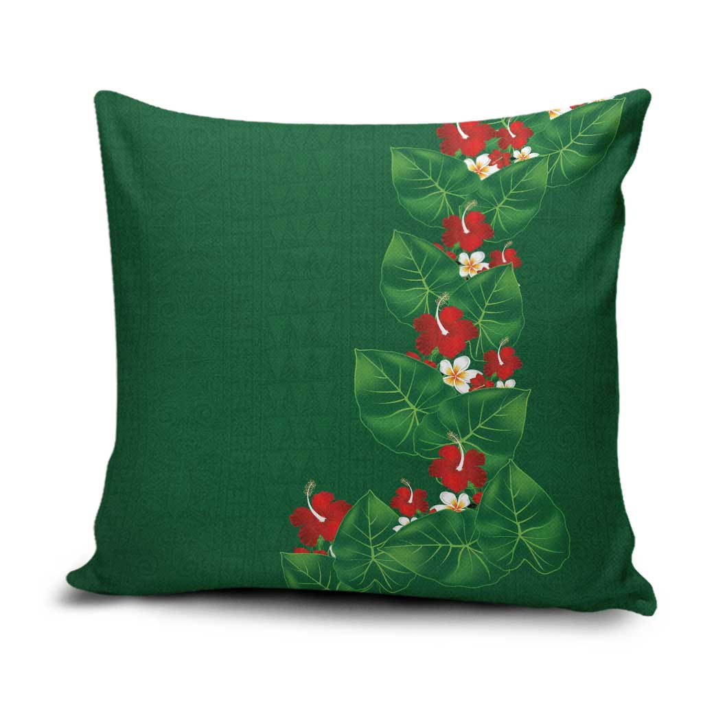 Hawaiian Taro Leaves-Hibiscus and Plumeria Pillow Cover Polynesian Art-Kakau Tattoo Green