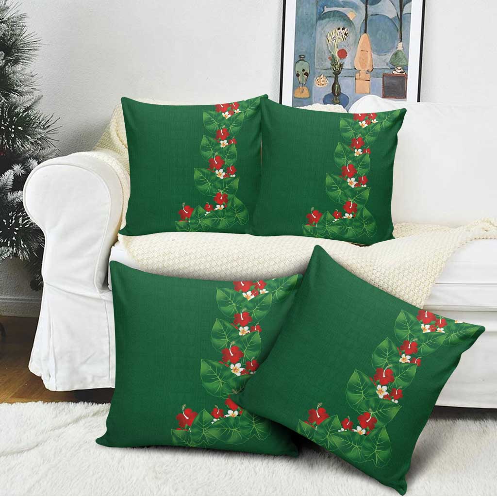 Hawaiian Taro Leaves-Hibiscus and Plumeria Pillow Cover Polynesian Art-Kakau Tattoo Green