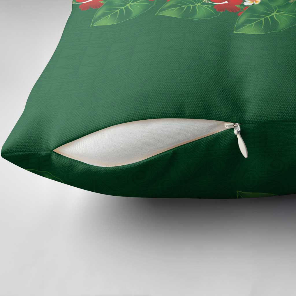 Hawaiian Taro Leaves-Hibiscus and Plumeria Pillow Cover Polynesian Art-Kakau Tattoo Green