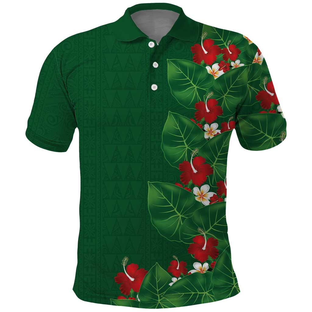 Hawaiian Taro Leaves-Hibiscus and Plumeria Polo Shirt Polynesian Art-Kakau Tattoo Green