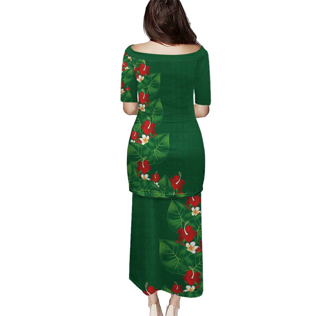 Hawaiian Taro Leaves-Hibiscus and Plumeria Puletasi Polynesian Art-Kakau Tattoo Green