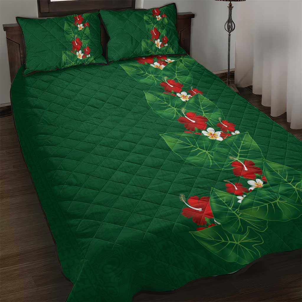 Hawaiian Taro Leaves-Hibiscus and Plumeria Quilt Bed Set Polynesian Art-Kakau Tattoo Green