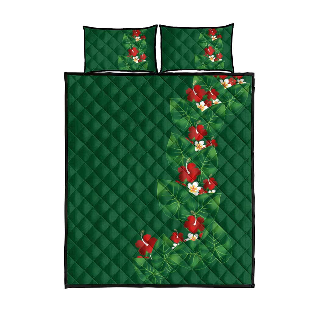 Hawaiian Taro Leaves-Hibiscus and Plumeria Quilt Bed Set Polynesian Art-Kakau Tattoo Green