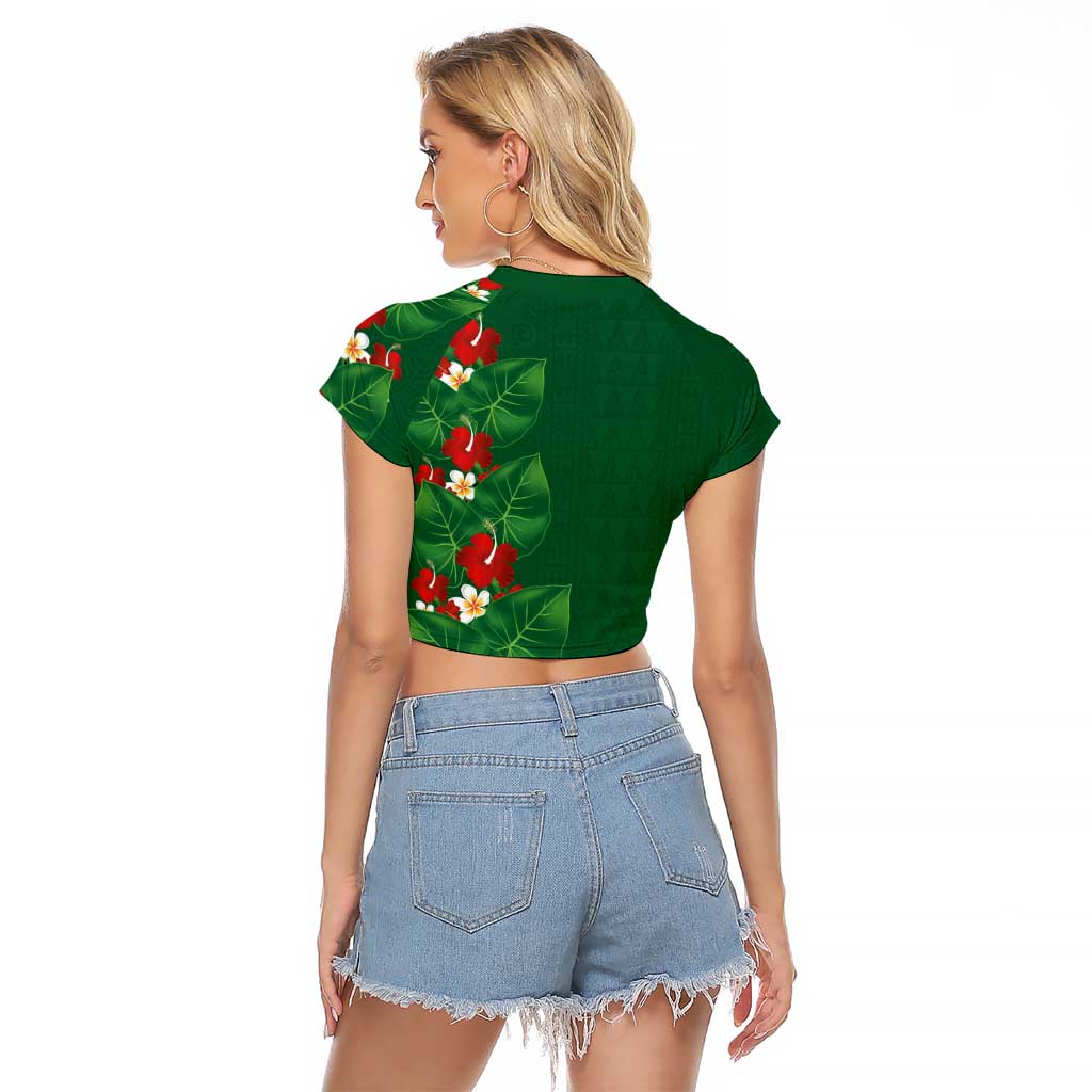 Hawaiian Taro Leaves-Hibiscus and Plumeria Raglan Cropped T Shirt Polynesian Art-Kakau Tattoo Green LT03 - Polynesian Pride