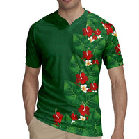 Hawaiian Taro Leaves-Hibiscus and Plumeria Rugby Jersey Polynesian Art-Kakau Tattoo Green