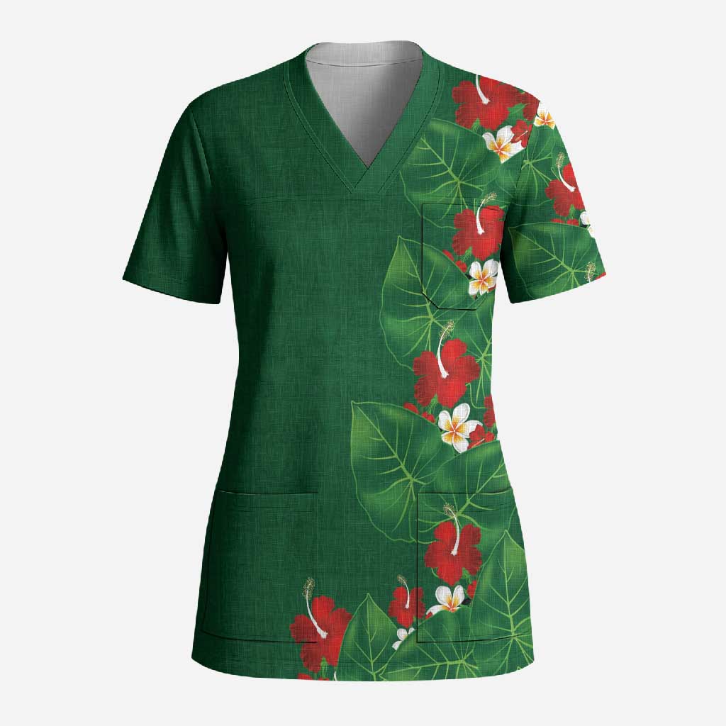Hawaiian Taro Leaves-Hibiscus and Plumeria Scrub Top Polynesian Art-Kakau Tattoo Green